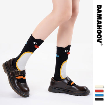 Schwarze Pinguin-Knöchelsocken mit gelben Details und rotem Schnabel, 4er-Pack