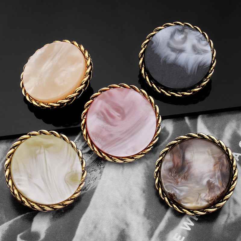 Round resin metal buttons set, gold braided edge, mixed pearl-like colors, 18pcs