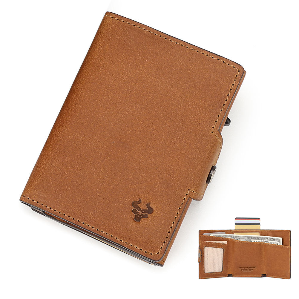 Waxed Leather Wallet Coin Purse,Auto-Eject RFID Metal Card Case Light Brown