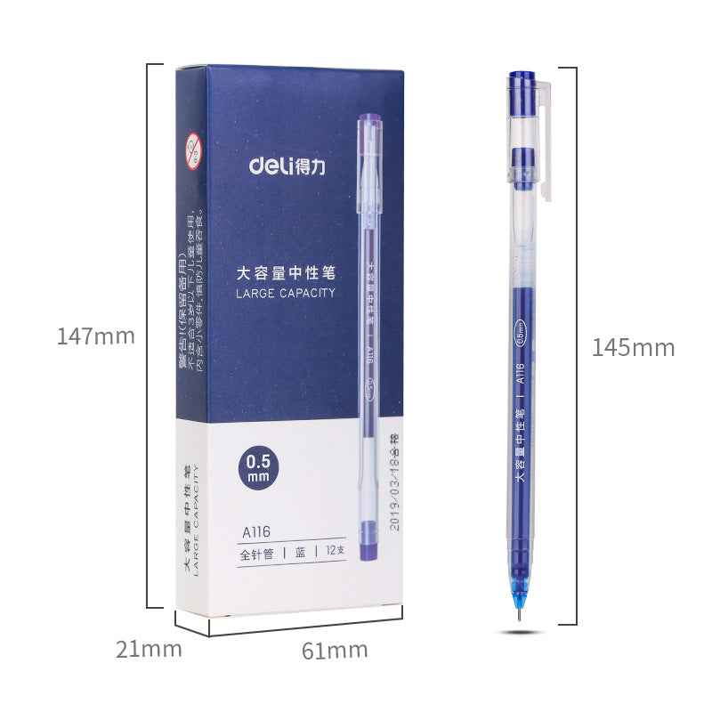 DELI A116 Large Capacity Gel Pen Needle Tip 0.5mm Fine Point 12 Pack Blue