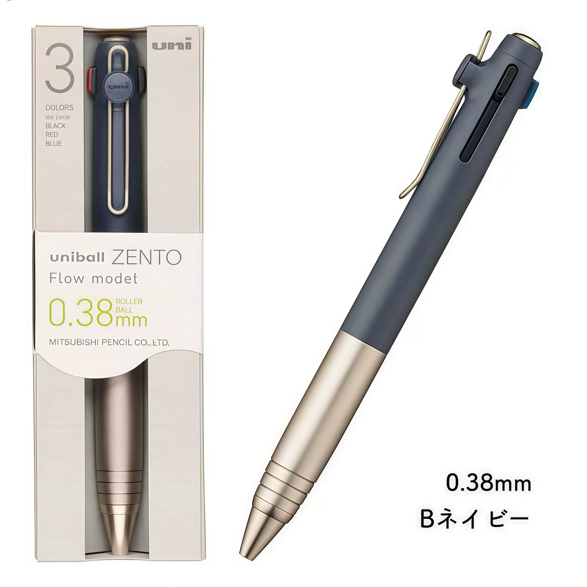 Uni-ball ZENTO Flow Model 3-Color Gel Pen | Black, Red & Blue Ink | 0.38 / 0.5mm Navy 0.38mm