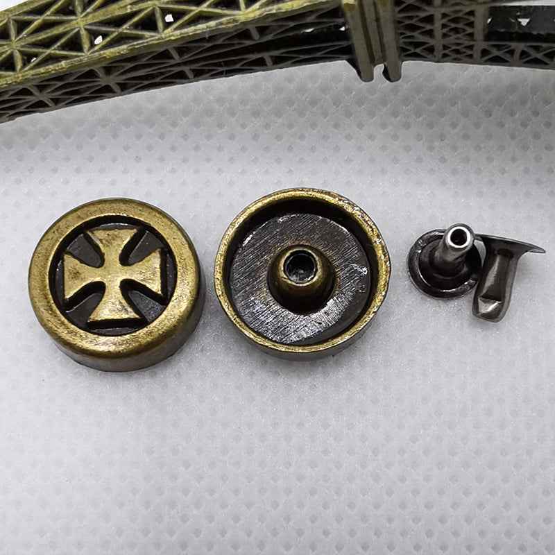 Round cross rivet stud set: gold-toned front, silver-toned back plate with hole, plus post.