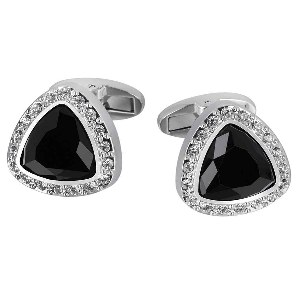 Triangle black onyx cufflinks with crystal border in silver tone, pair