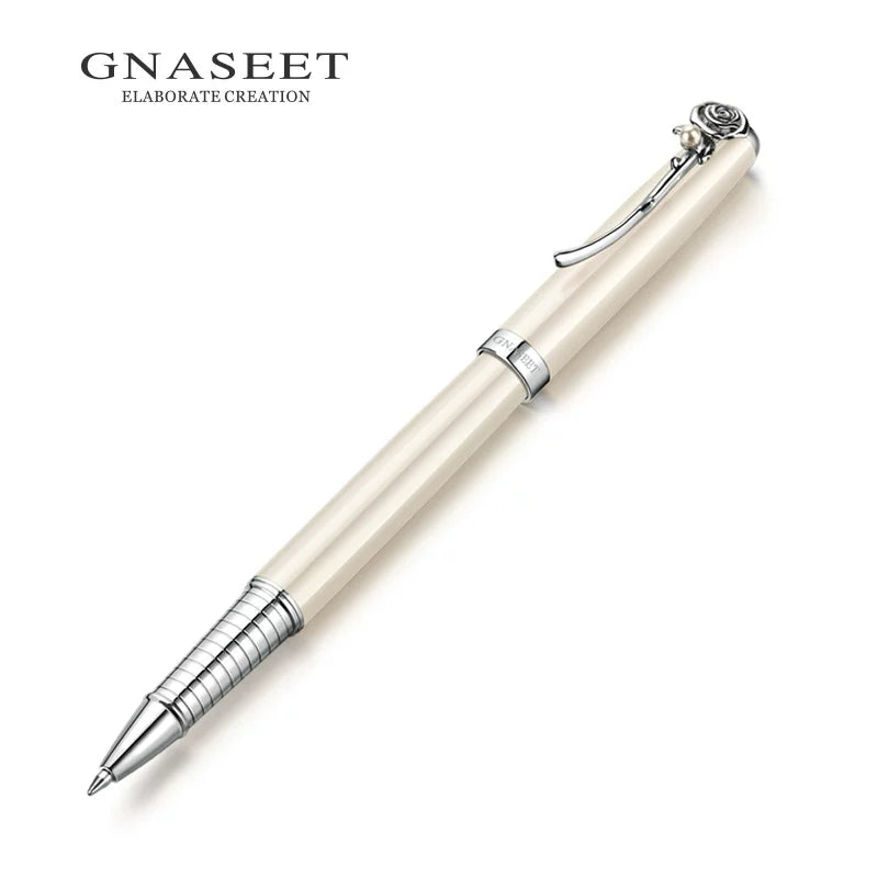 GNASEET Metal Rollerball Pen Gift Set for Women – Gold & White Barrel | Heart / Clover / Butterfly / Rose Clip White Rose