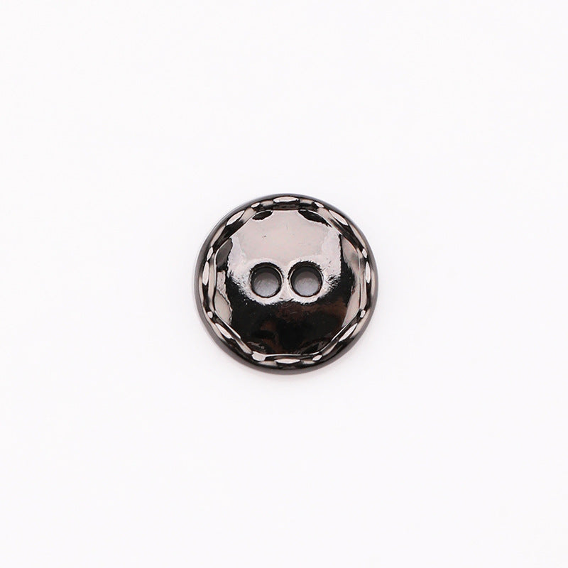 Round 2-hole metal button, gunmetal black, 11mm, close-up front with two holes