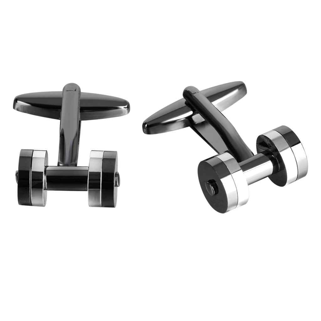Gunmetal and silver dumbbell cufflinks with black center bar and polished end discs