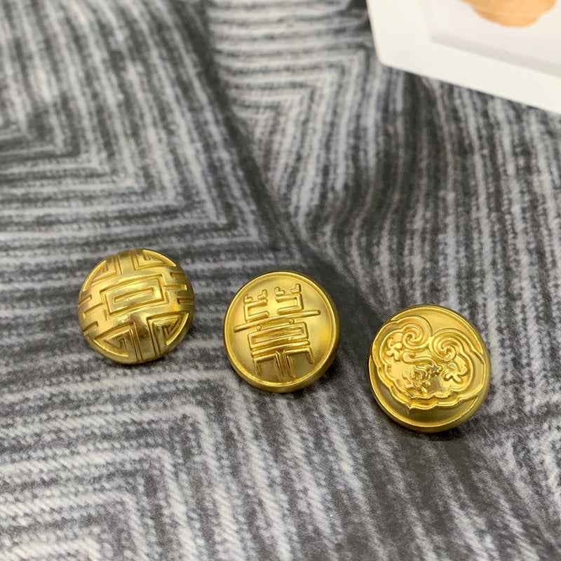 Gold round mushroom-design buttons with cloud, happiness, and longevity embossed symbols