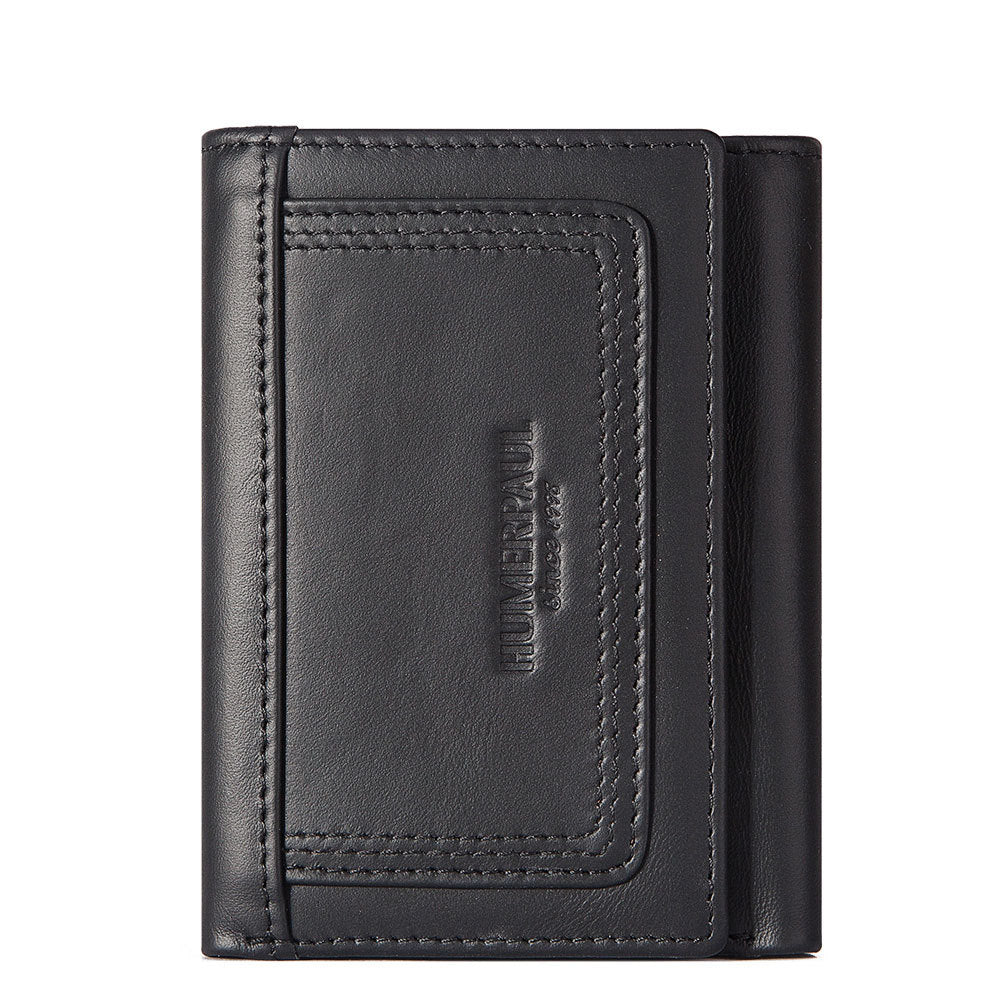 RFID Men's Coin Purse,Top Grain Cowhide Leather Zip Wallet Black