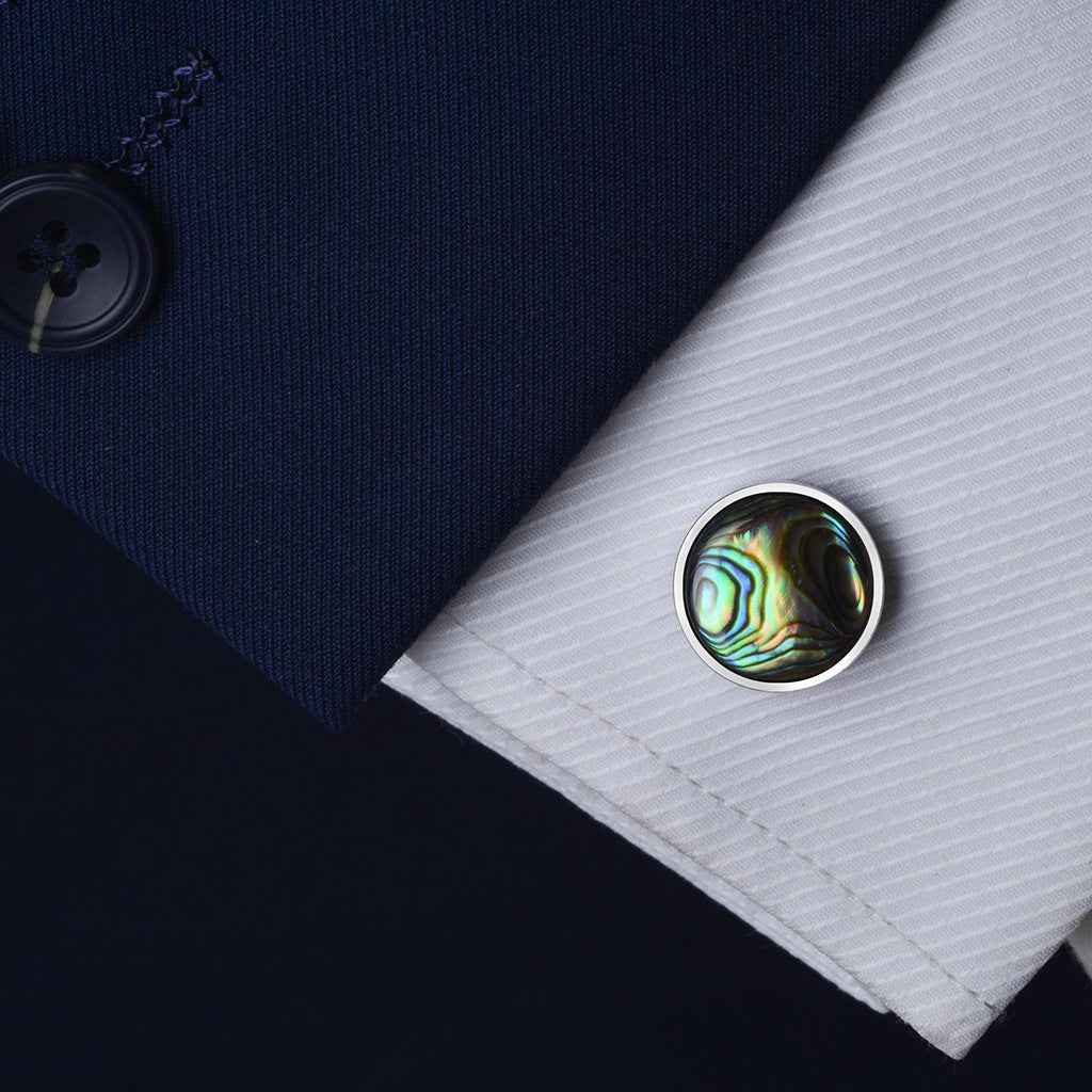 Round abalone-pattern seashell cufflinks with iridescent green-blue, silver-tone backs