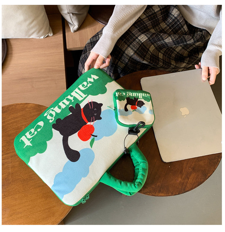 Green Walking Cat Laptop Sleeve 11-14 inch 2-Piece Set
