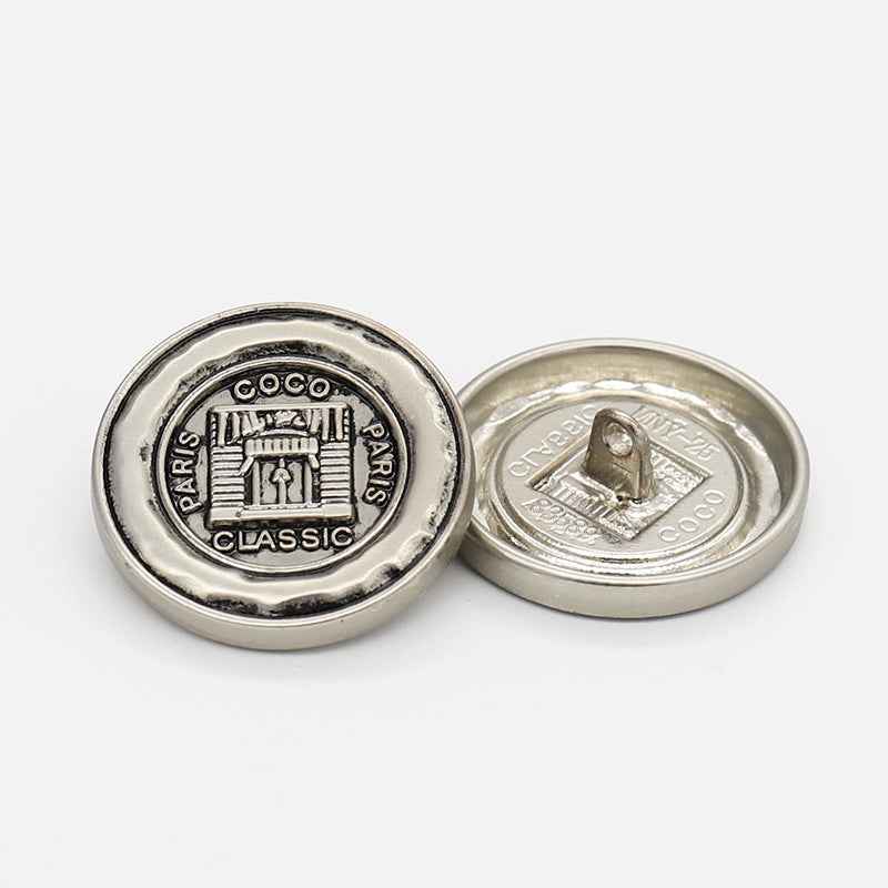 Light Gold metal shank button, frosted Paris “CLASSIC” front and back pin