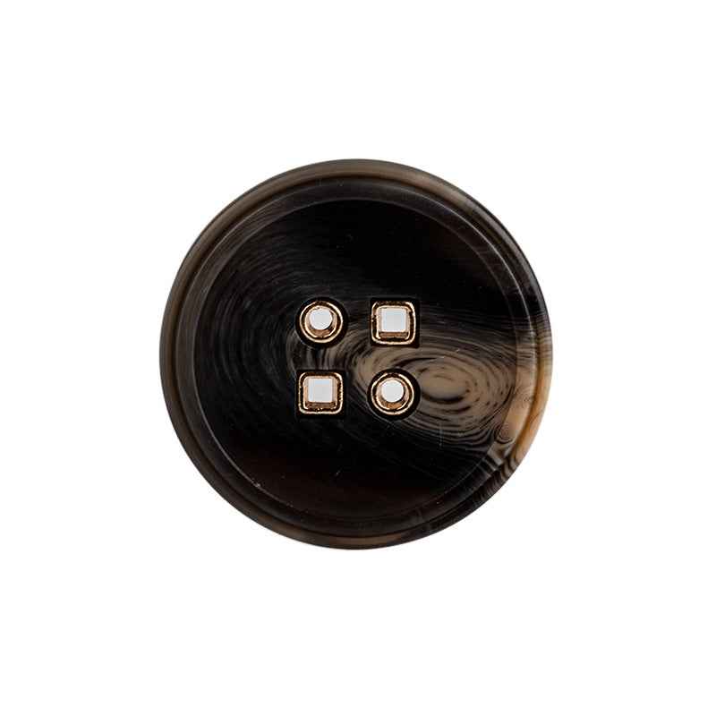 Black round resin button with four metal holes, 4-hole front view