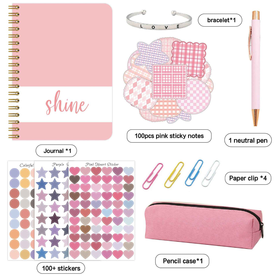 7pcs Shine Diary Notebook Pen Sticker Gift Set for Kids Pink