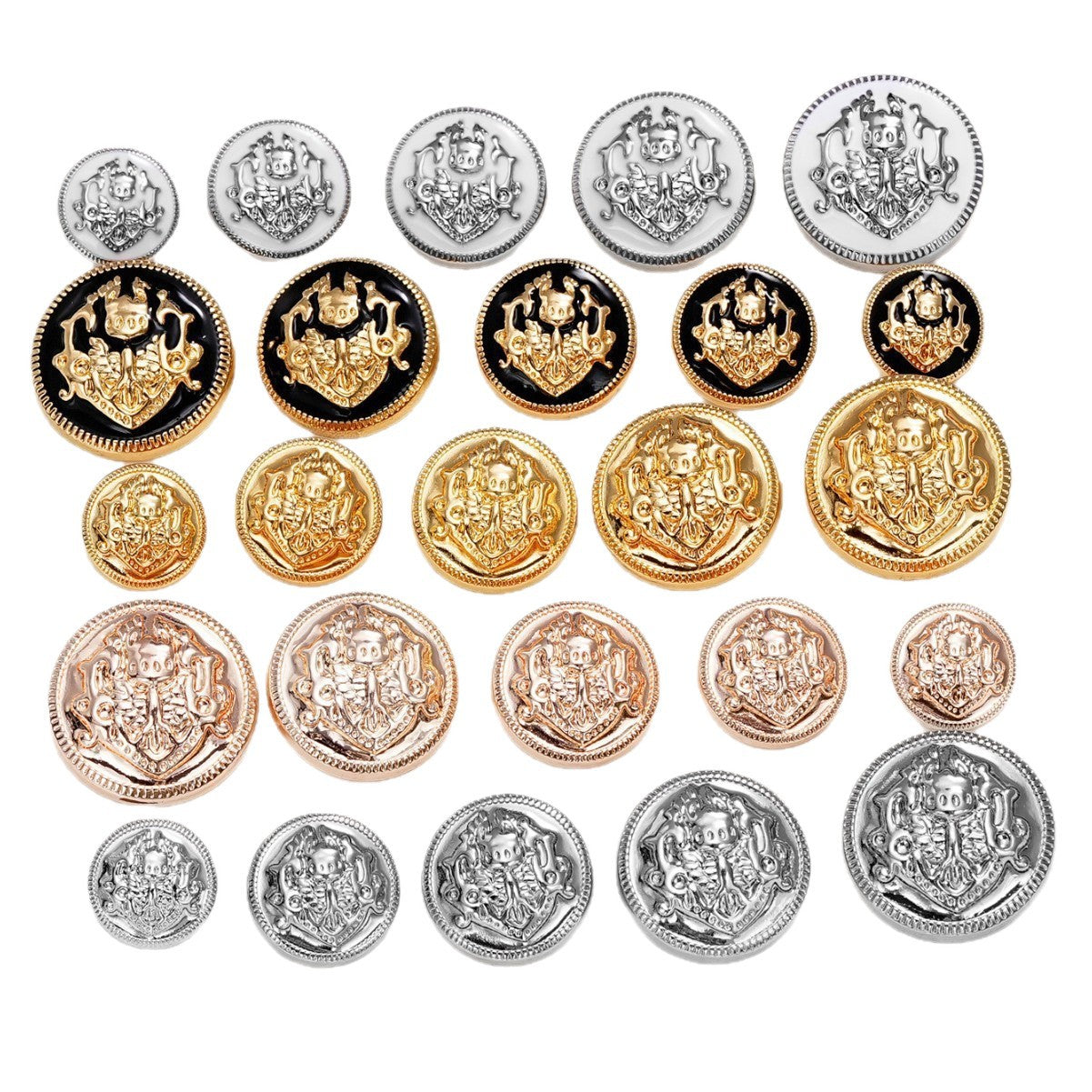 Assorted metal shank buttons in gold, rose gold, and silver tones, embossed crest medallion.