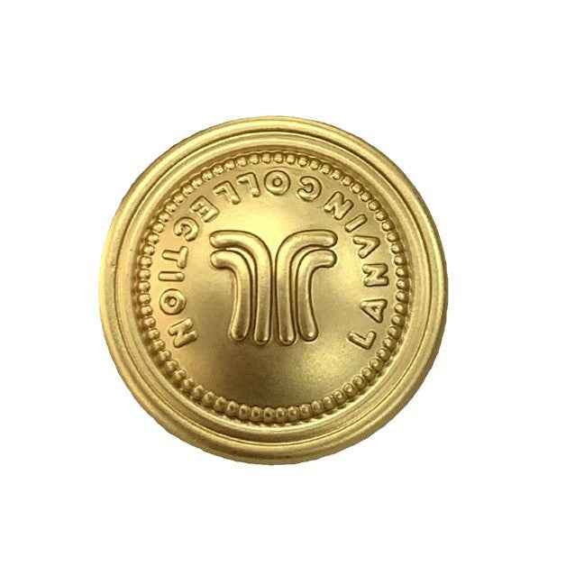 Matte gold round metal shank button, embossed glyph design