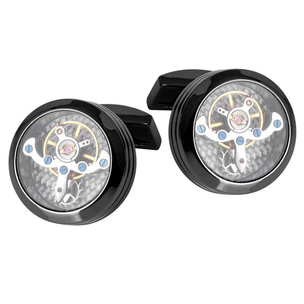 Gunmetal/black tourbillon movement cufflinks, round skeleton gear face
