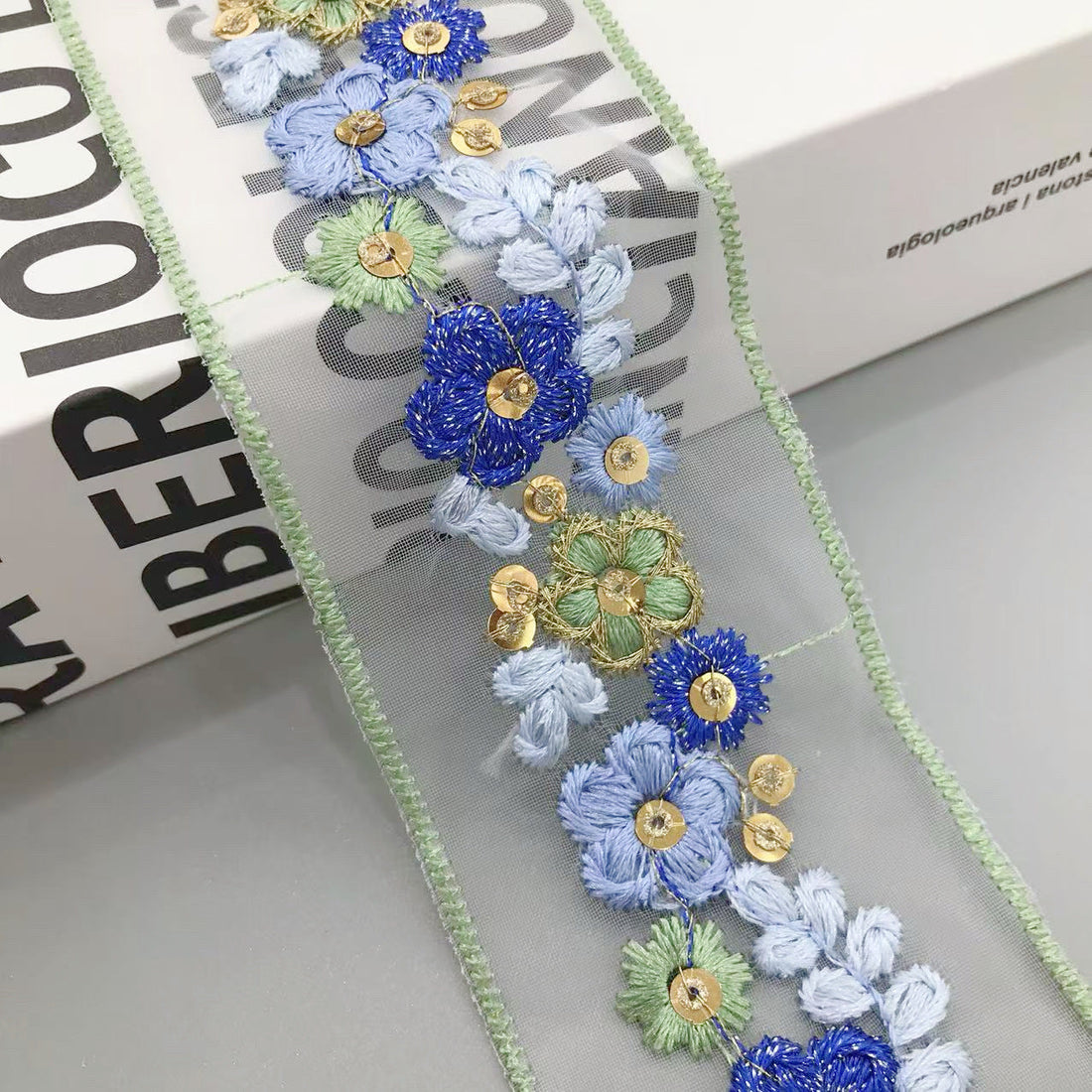 5cm floral sequin organza lace trim in purple and pink with small green accents