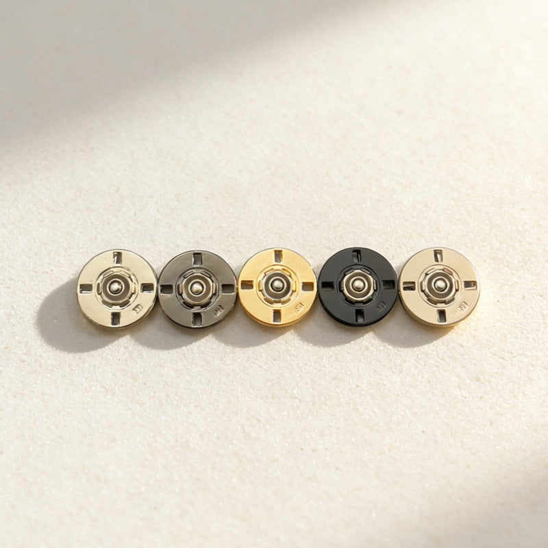 Round invisible metal snap buttons, five finishes: silver, gunmetal, gold, matte black