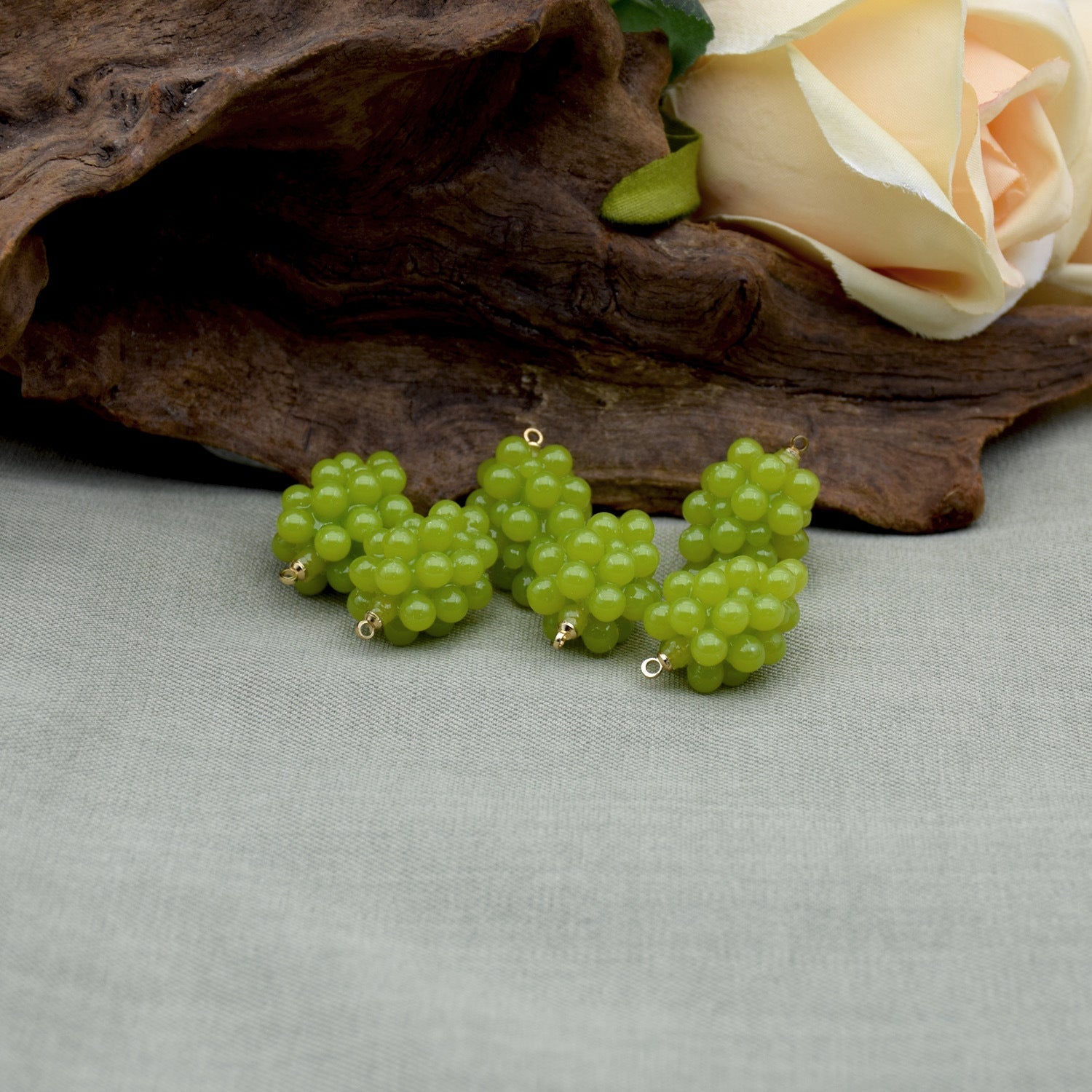 Lime green 3D resin grape charms, four grape bead clusters with gold loops