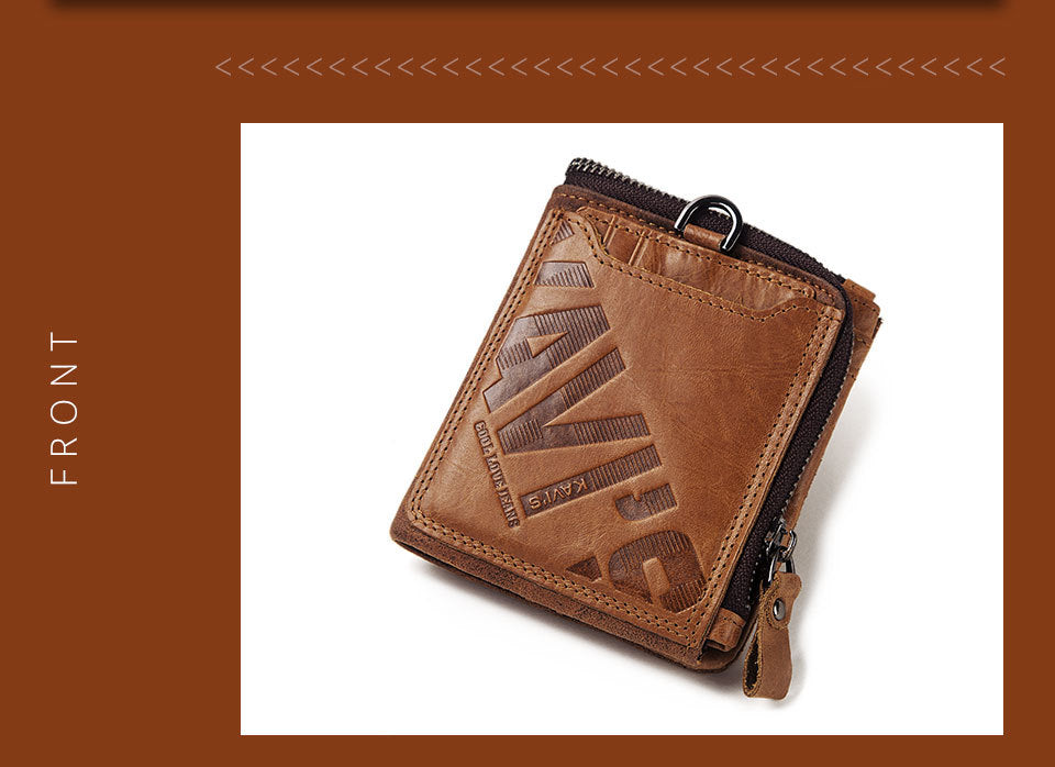 Brown Genuine Cowhide Leather Men's Short Wallet, Zip Around
