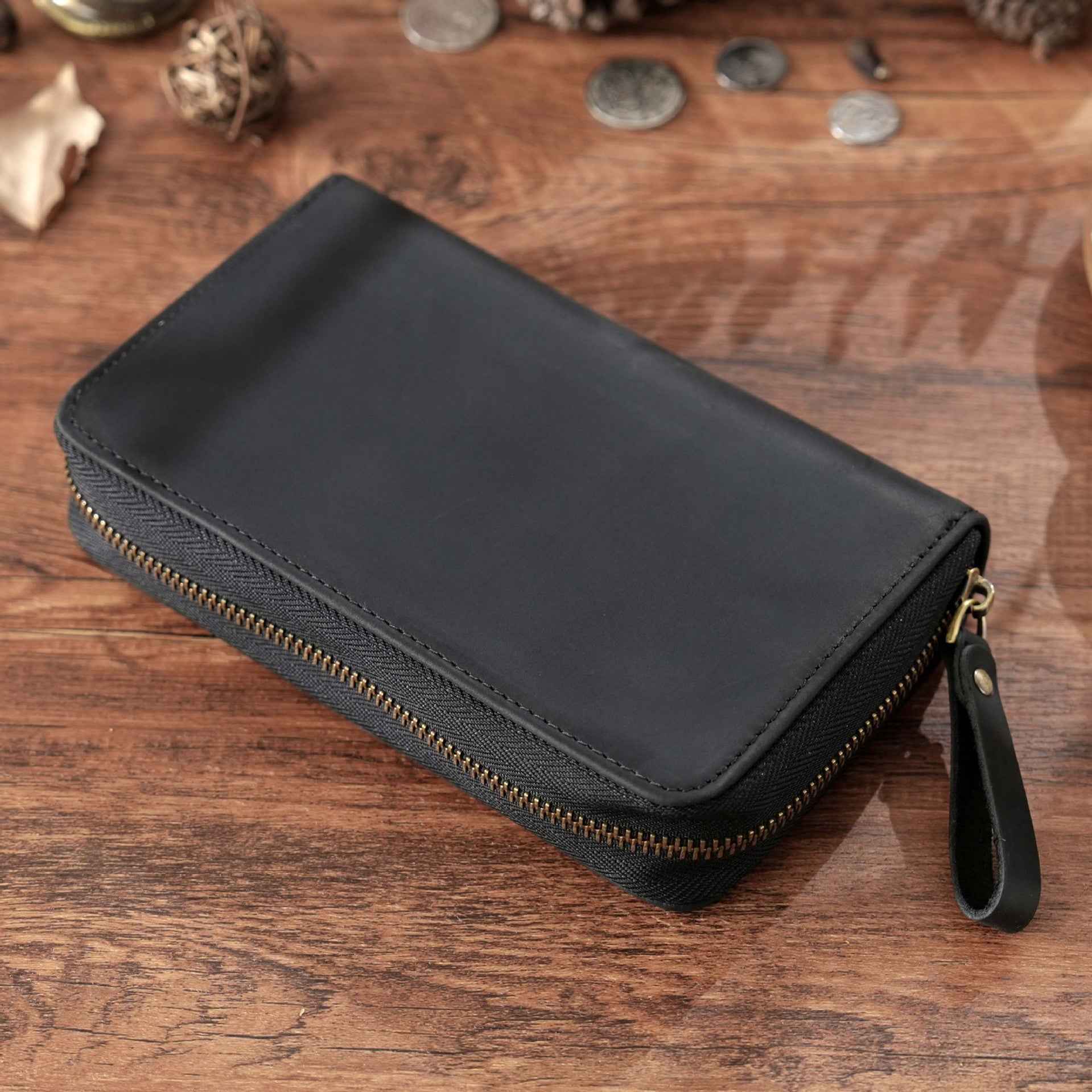 Leather Pen Case with 10 Slots – Full-Zip Fountain Pen Storage Pouch Black