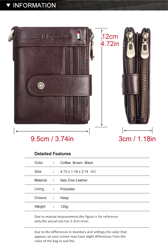 RFID Genuine Leather Card Holder Men's Wallet Double Zipper