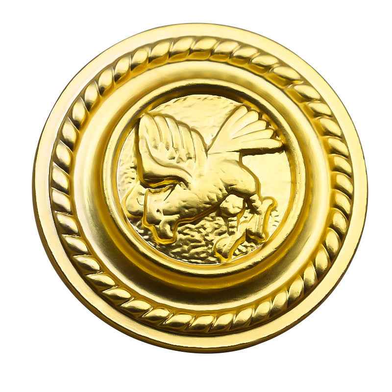 Round metal shank button with gryphon crest; gold and silver-tone options