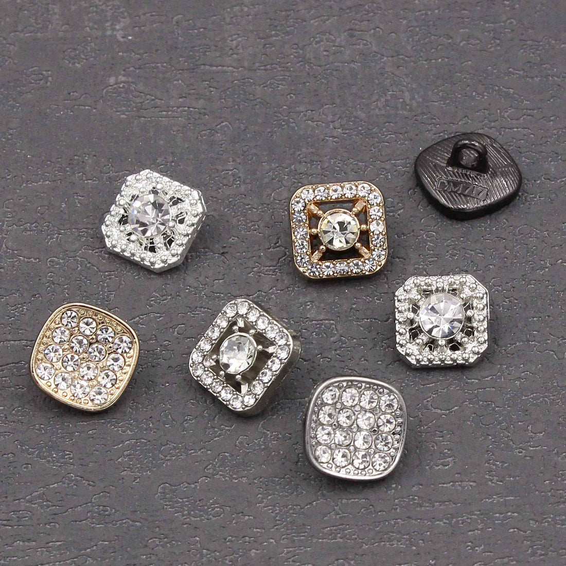 Square rhinestone shank button set, mixed finishes: clear stones on silver, black, gold tones
