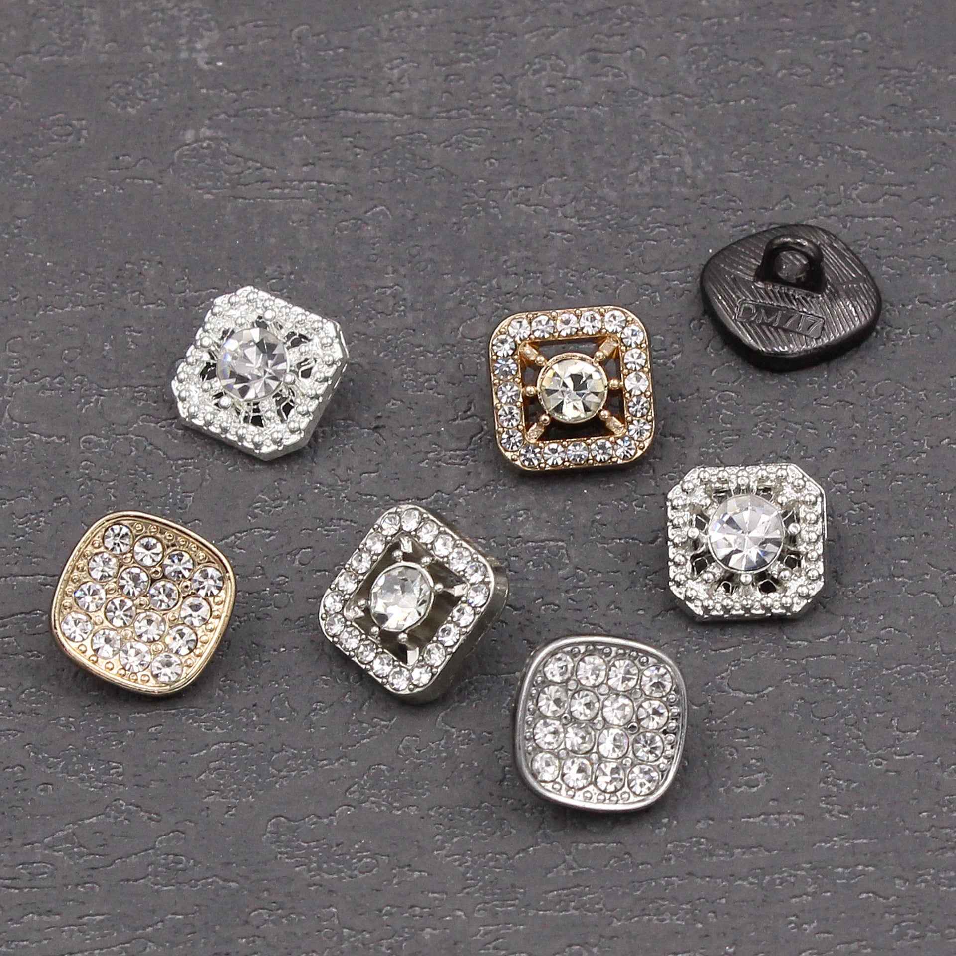 Square rhinestone shank buttons, assorted looks: gold, silver, and black with clear crystal centers
