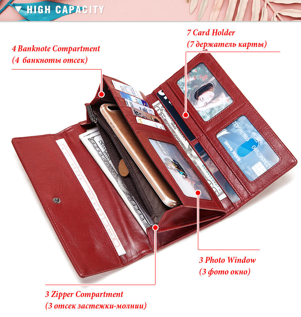Genuine Leather Long Wallet for Women RFID Clutch