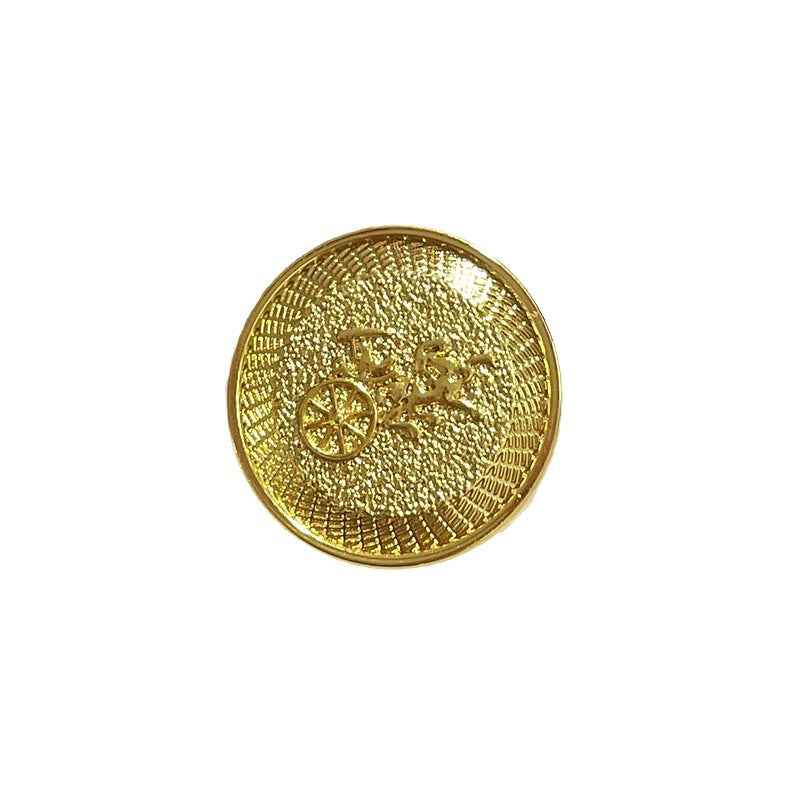 Vintage metal shank button with carriage motif, gold-tone, round
