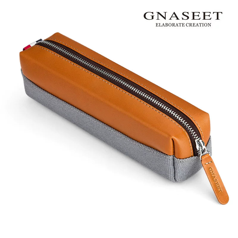 GNASEET Genuine Leather & Canvas Pencil Case – Large Capacity 20-Pen Student Stationery Pouch | 200x48x55mm Orange
