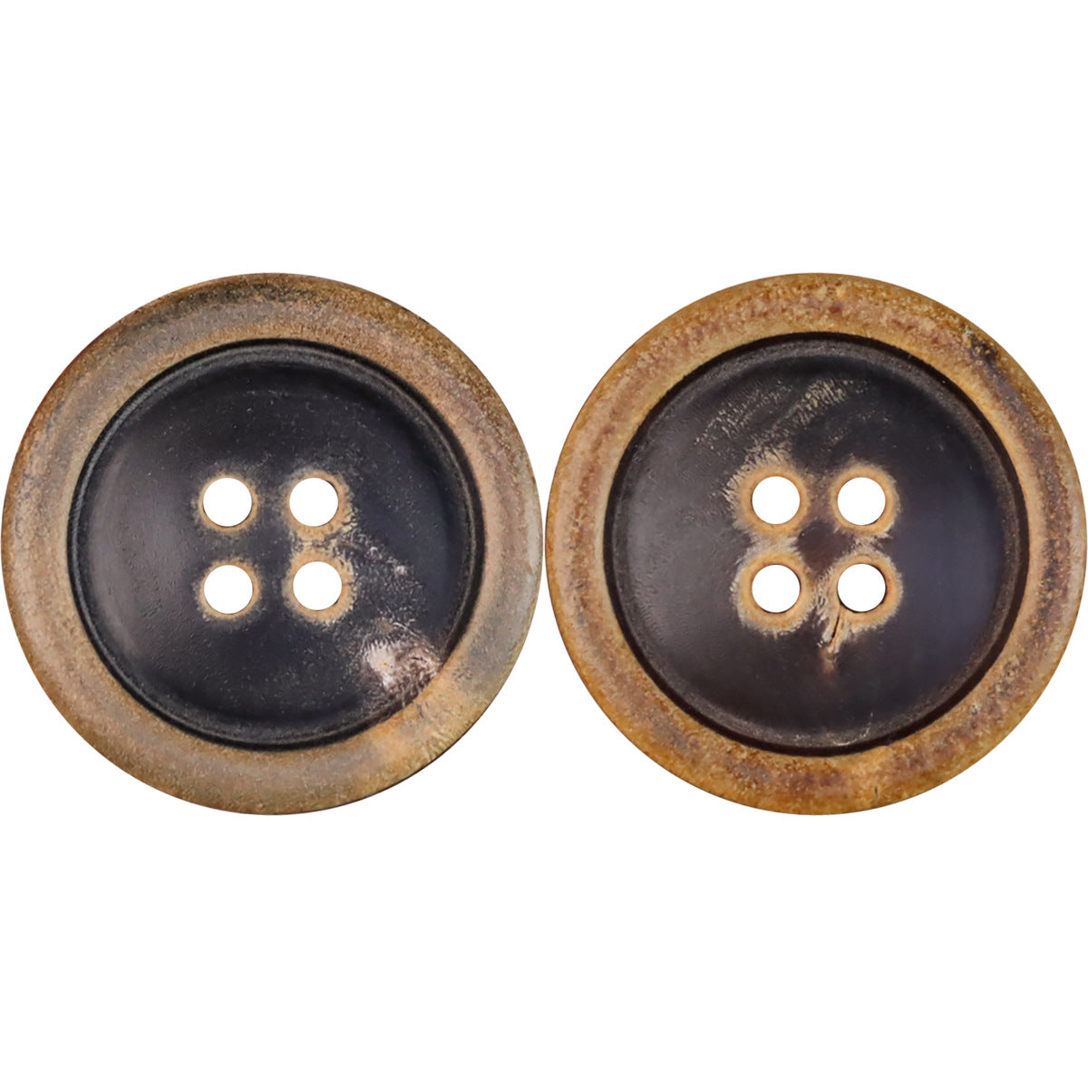 Round 4-hole coat buttons, burnished tan rims and dark faces