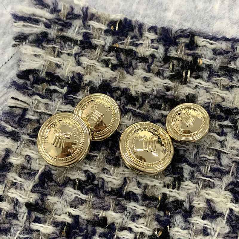 Frosted gold round metal shank buttons, embossed motifs