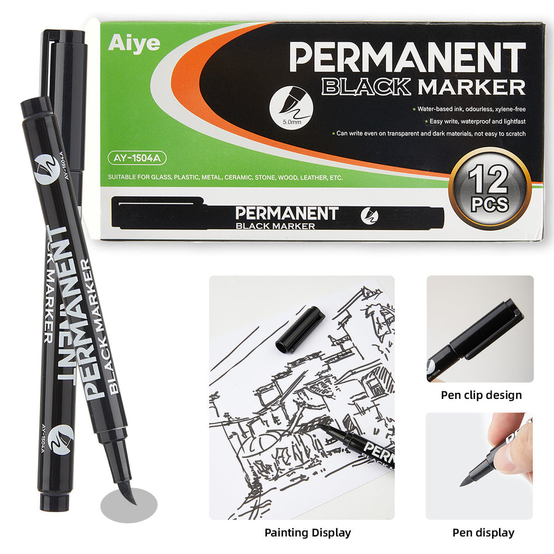 12pcs Industrial Oil-Based Permanet White Black Marker Pens Black Soft 5mm