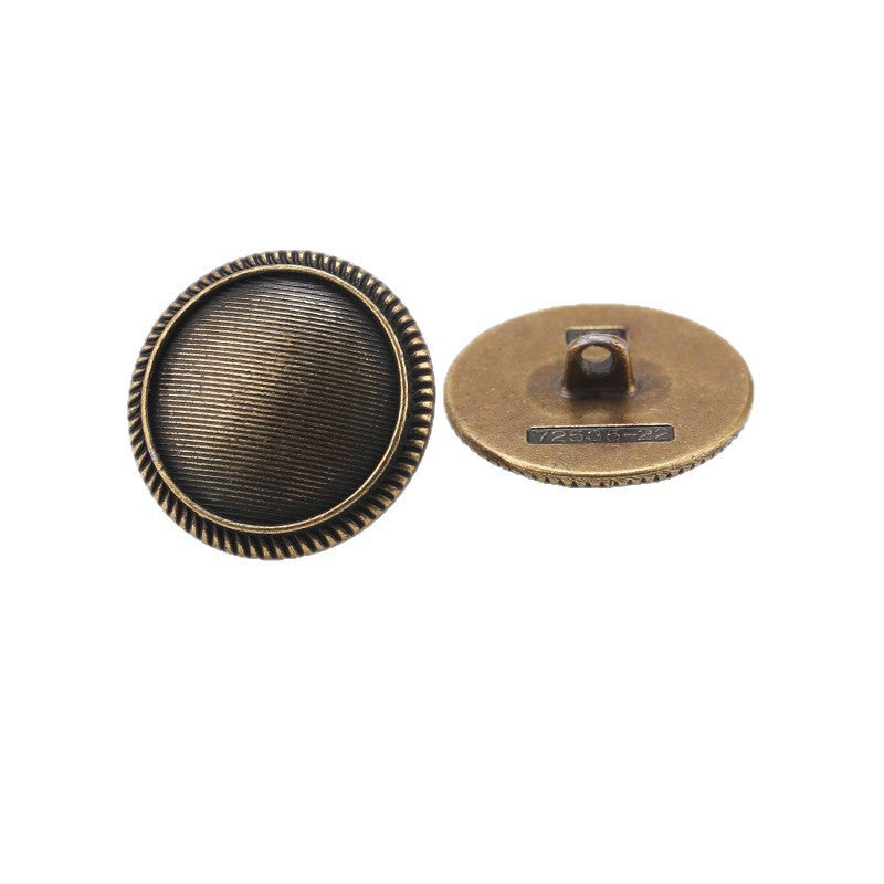 Round striped metal shank buttons, antique bronze tone, front and back view