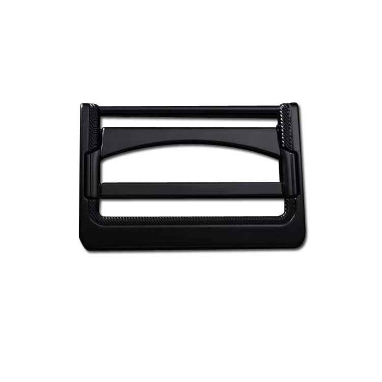 Black metal belt buckle with rectangular frame and bar insert, textured sides