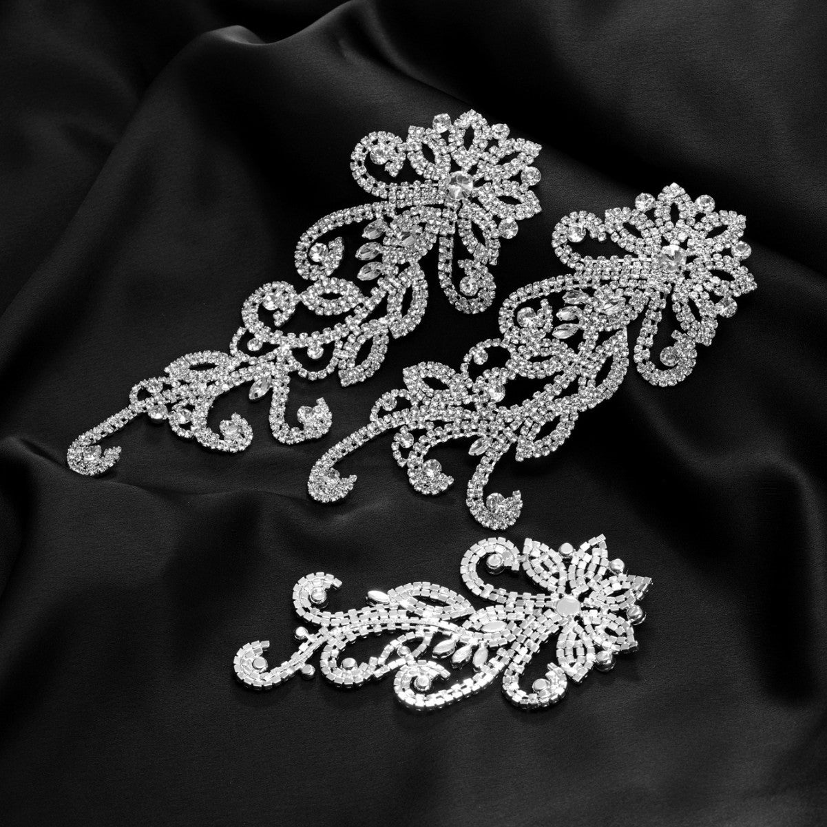 Silver rhinestone floral lace trim chain appliqué set with three matching ornate designs
