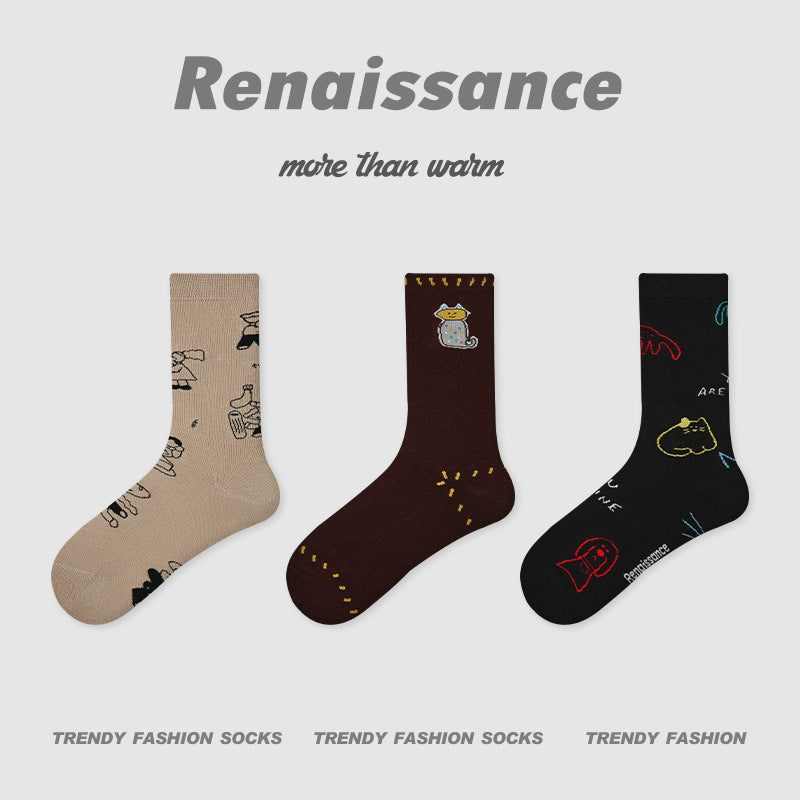 3-pack princess socks with line drawings on beige, a jar-cat on brown, and black doodle art