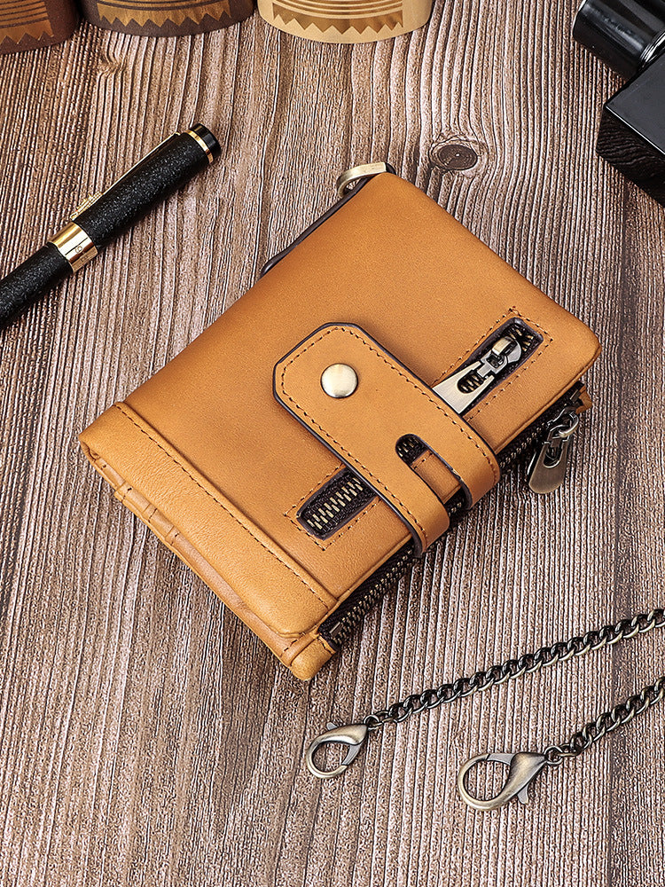 Genuine Leather Short Wallet with RFID Protection Tri-Fold Purse