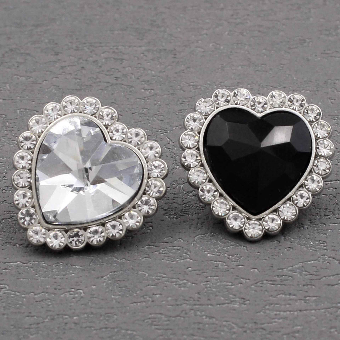Heart-shaped rhinestone sewing button, dark crystal center with silver-toned border