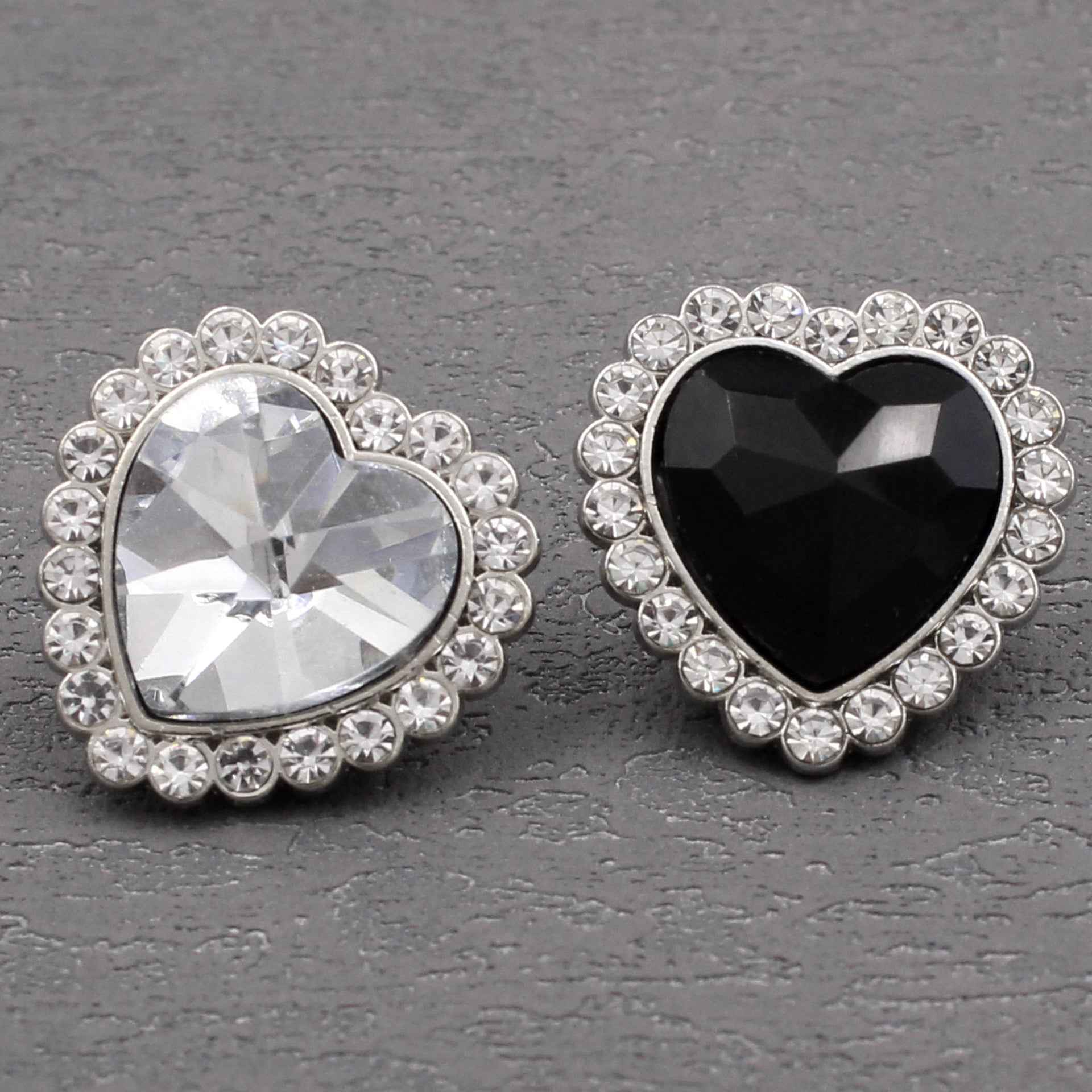 Heart-shaped rhinestone sewing button, dark crystal center with silver-toned border