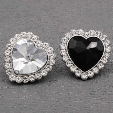 Heart-shaped rhinestone sewing button, dark crystal center with silver-toned border