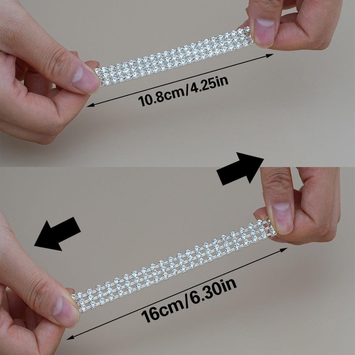 Rhinestone clasp 10.8cm/4.25in; linked band 16cm/6.30in