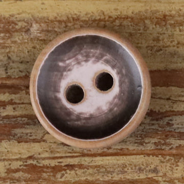 Round iridescent wood button, dark gray metallic sheen, two holes