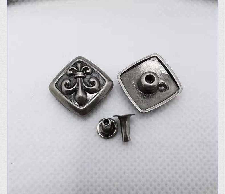 Square floral rivet studs, ornate fleur-de-lis design with front and back pieces