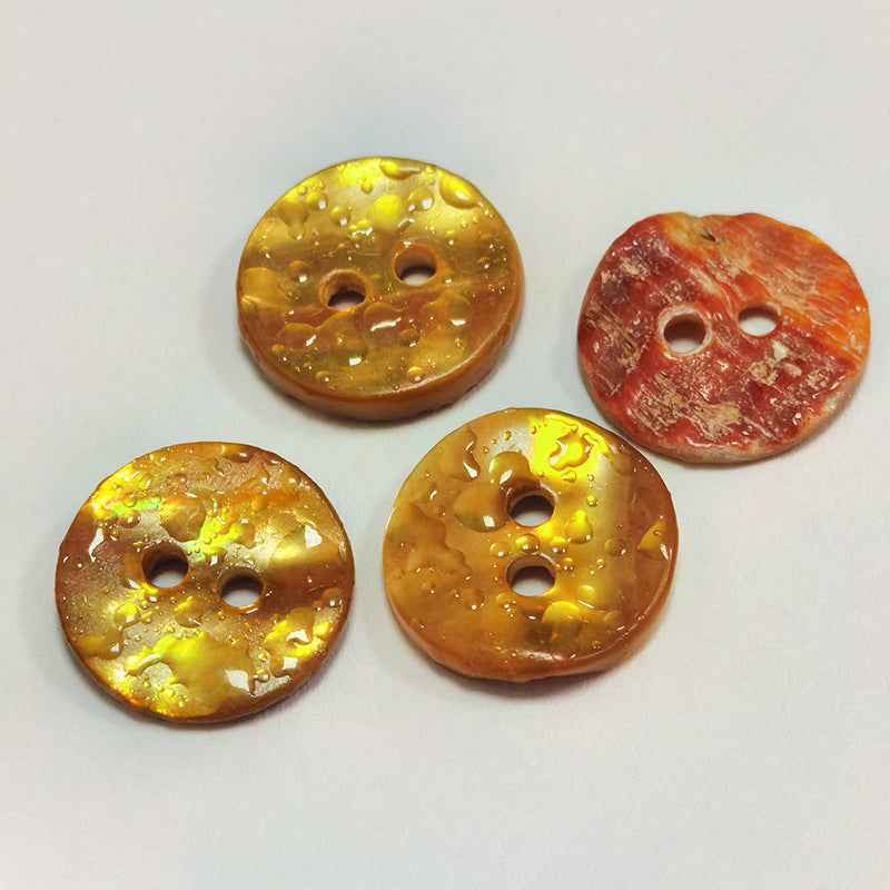 Gold and red watercolor abalone shell buttons, round with two holes, 18L pack.