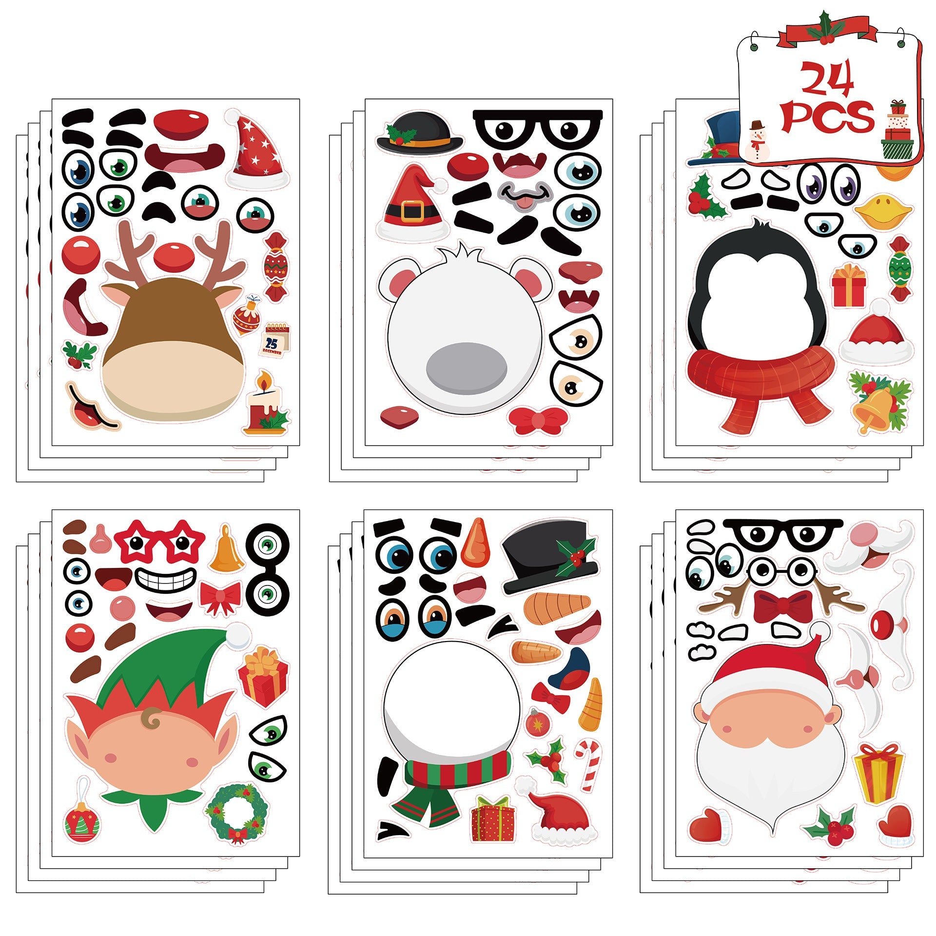 Make a Face Christmas DIY Cartton Stickers for Kids 24 Sheets