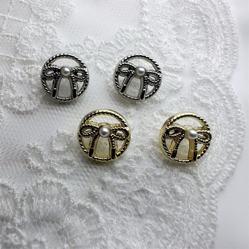 Set of gold and silver hollow bow shirt buttons with faux pearl centers, 11.5mm