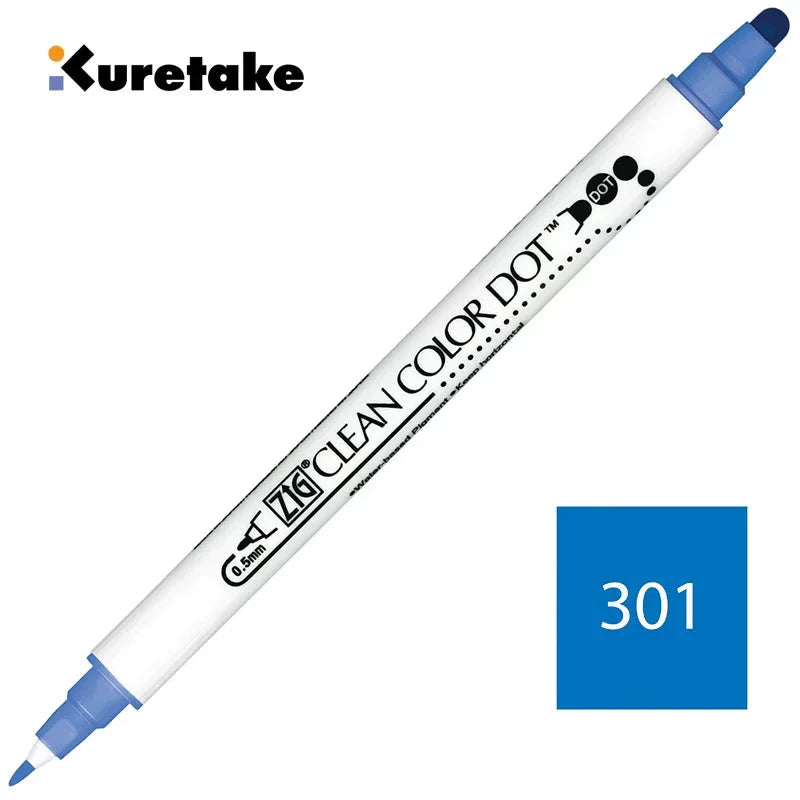 Kuretake ZIG Clean Color Dot TC-6100 – 2-Pack | Dual-Tip Dot & Brush Watercolour Marker | Journal / Illustration / Hand-Lettering | Japan Kuretake 301 Lake Blue
